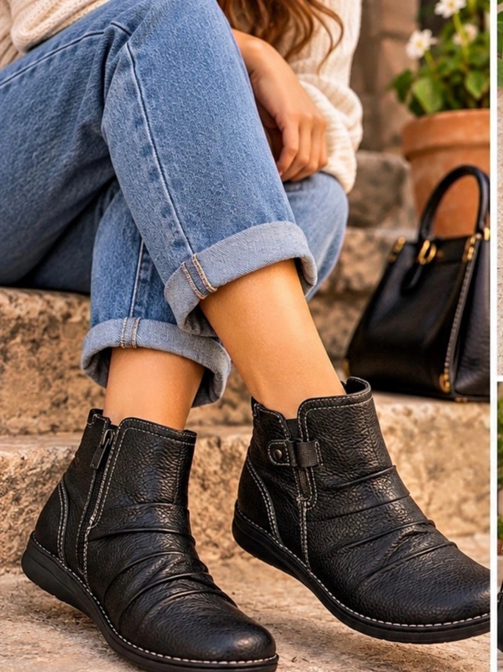 Clarks Unstructured Black Leather Ruched Ankle Boots Side Zip